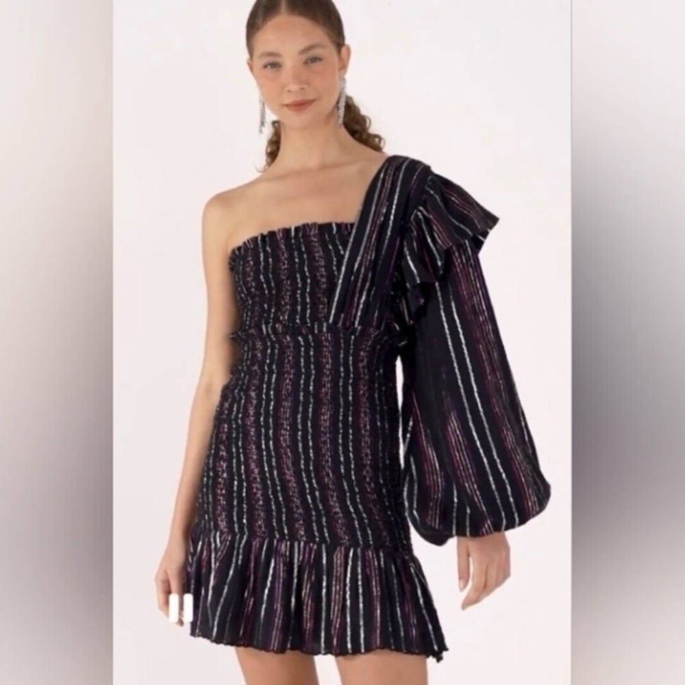 Farm Rio Lurex Striped Off the Shoulder Mini Dress